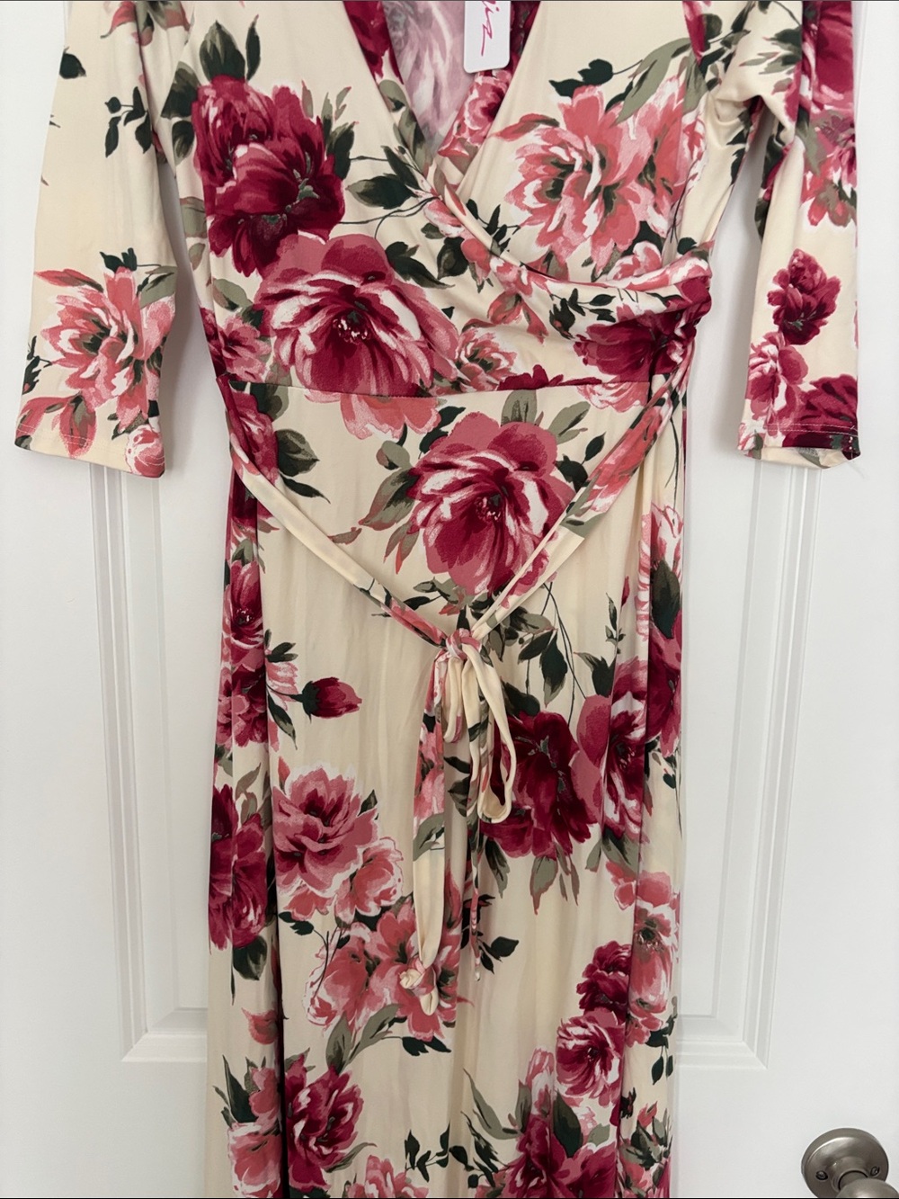 Pinkblush Cream Maxi Wrap Dress with Pink Floral Print - Picture 3 of 3